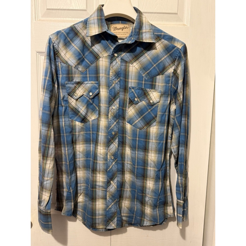 Wrangler Mens M Western Pearl Snap Shirt Blue Plaid Long Sleeve Cowboy Rodeo